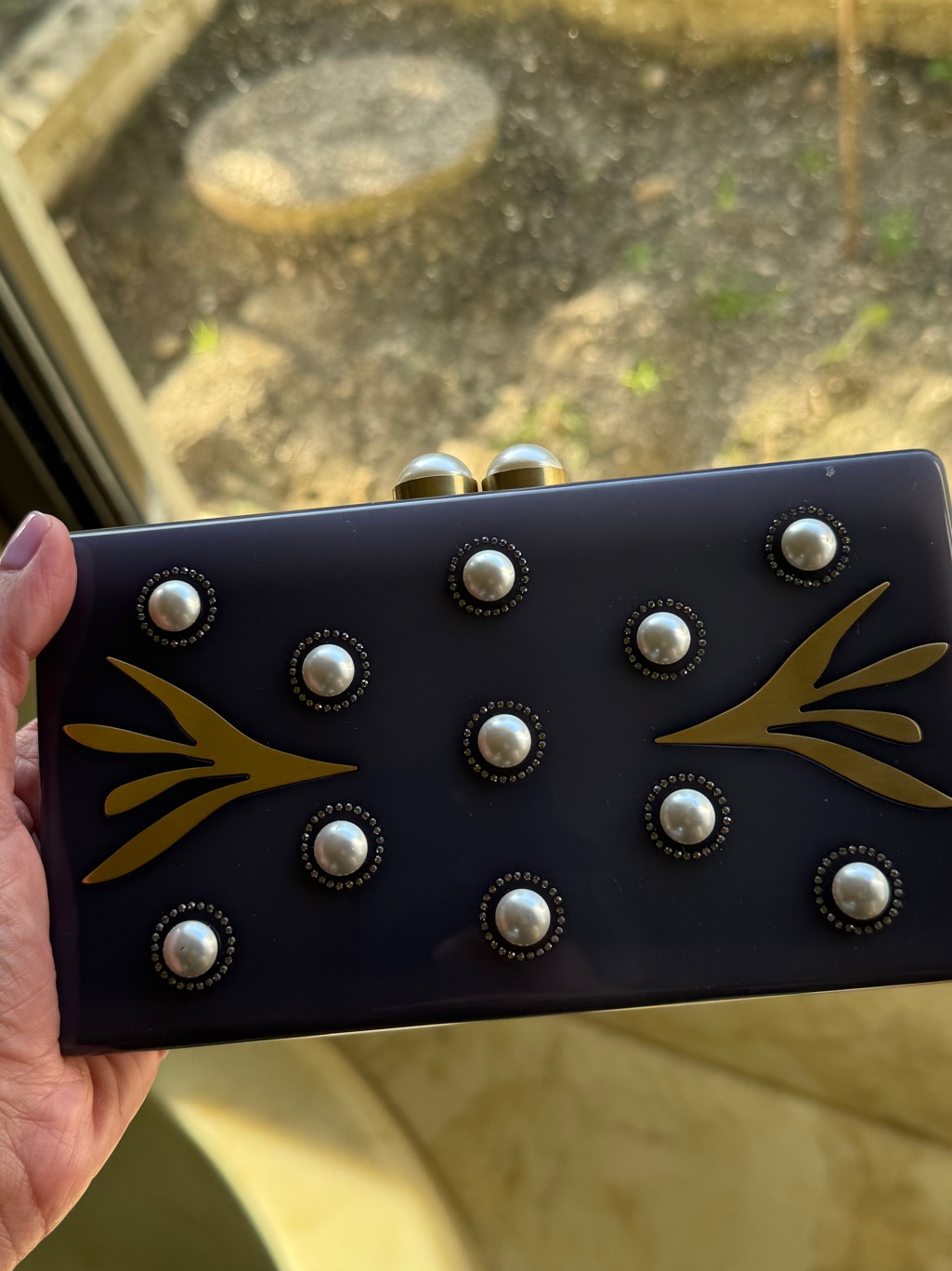 Navy Pearl-Embellished Evening Clutch With Gold Accents